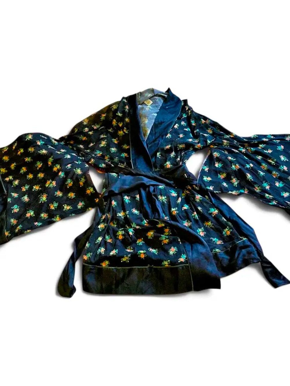 RARE We are HAH Sheer Robe Hooded Belt in Black with Floral Pattern
